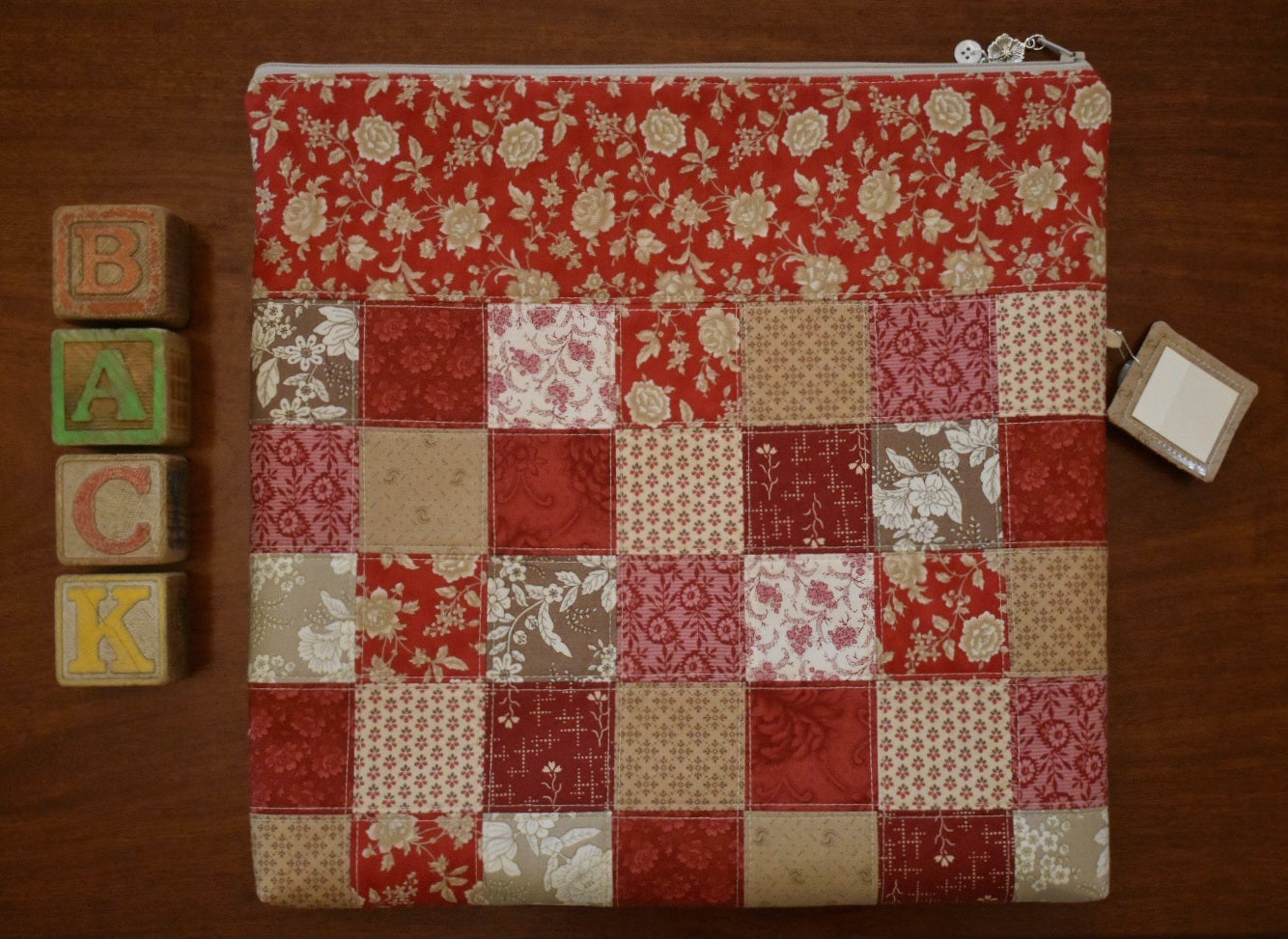 PRE-ORDER Patchwork Project Bag By Jenni Stitching Simply | Patchwork Front & Back | 13.5" Wide x 13" Tall x 1" Deep | "Sampler Reds"
