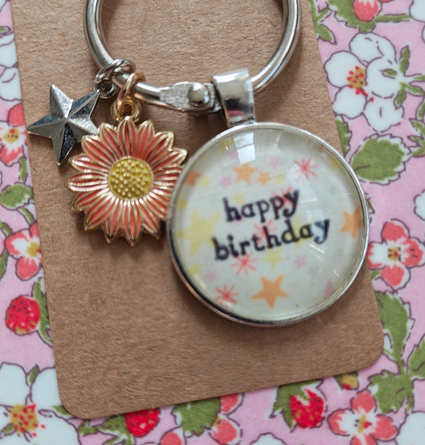 Happy Birthday Fob with Flower and Star Charm