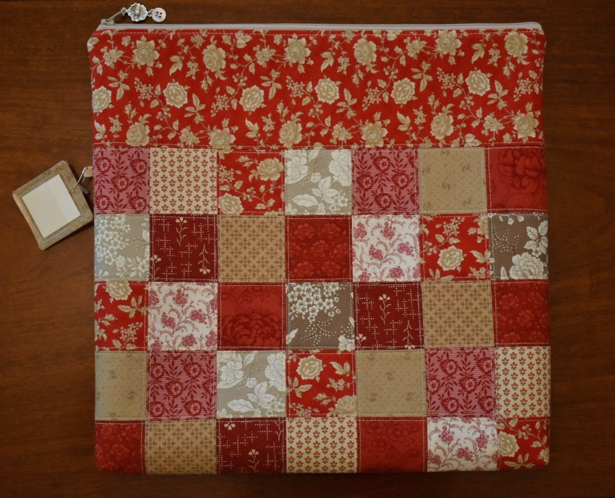 PRE-ORDER Patchwork Project Bag By Jenni Stitching Simply | Patchwork Front & Back | 13.5" Wide x 13" Tall x 1" Deep | "Sampler Reds"