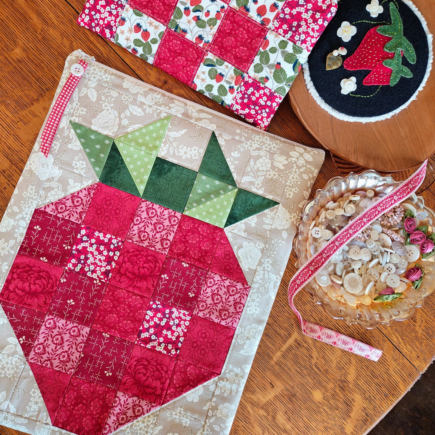 Patchwork Project Bag By Jenni Stitching Simply | 15.5" Tall x 12.5" Wide x 1" Deep | "Strawberry Patch"