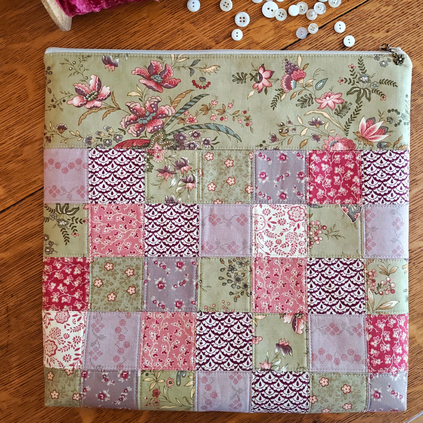 MADE TO ORDER Patchwork Project Bag By Jenni Stitching Simply | Patchwork Front & Back | 13.5" Wide x 13" Tall x 1" Deep | "Blackbird"