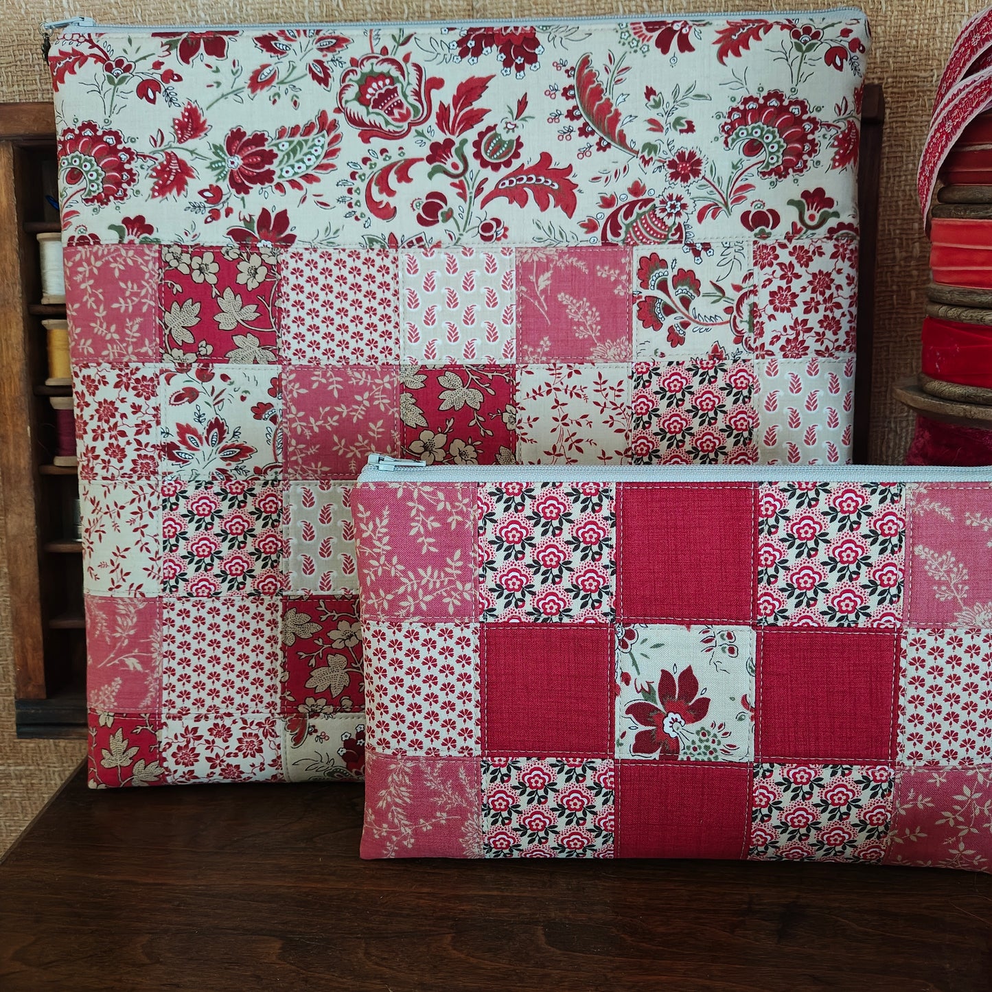 MADE TO ORDER Patchwork Project Bag | Patchwork Front & Back | 13.5" Wide x 13" Tall x 1" Deep | French General "Bonheur de Jour"