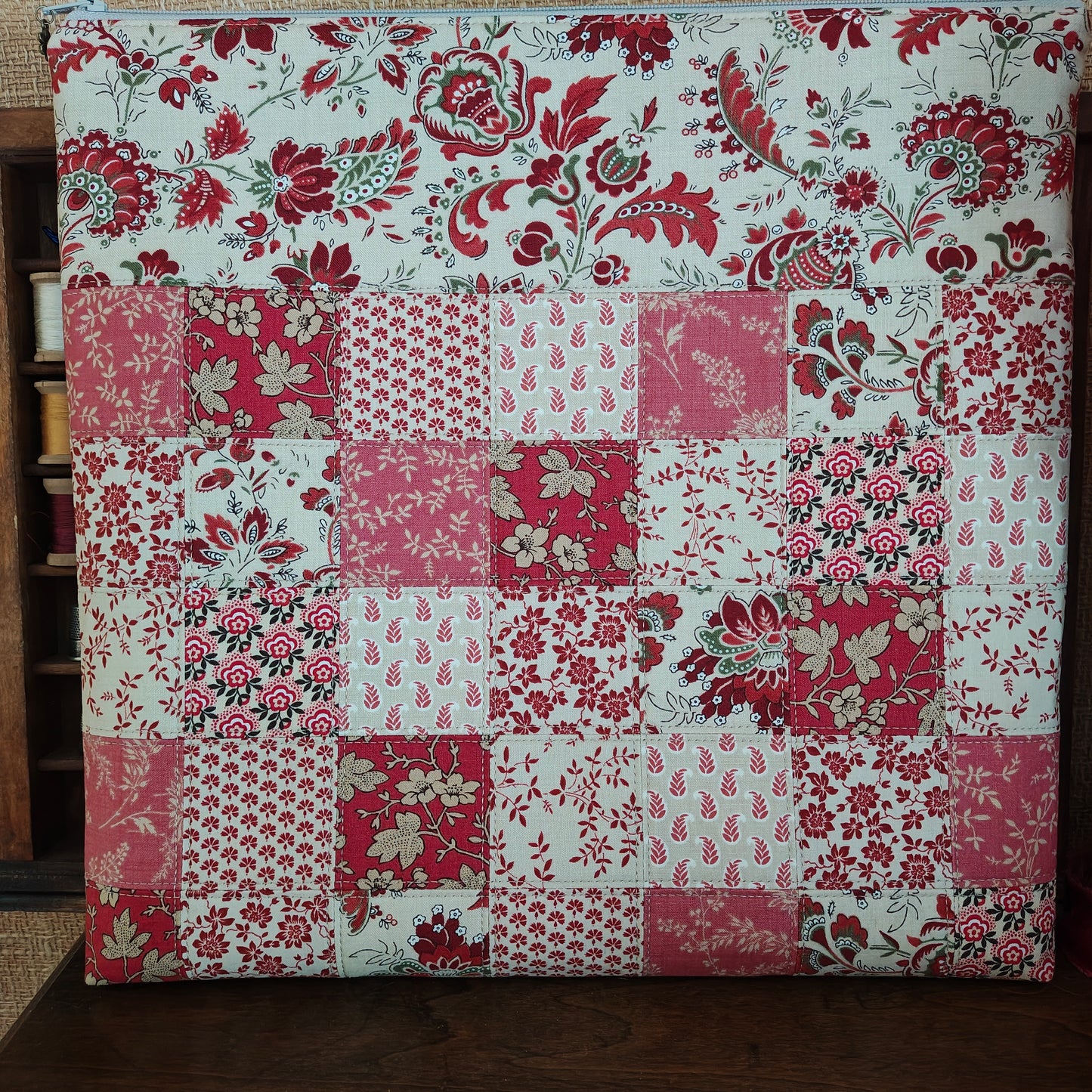 MADE TO ORDER Patchwork Project Bag | Patchwork Front & Back | 13.5" Wide x 13" Tall x 1" Deep | French General "Bonheur de Jour"