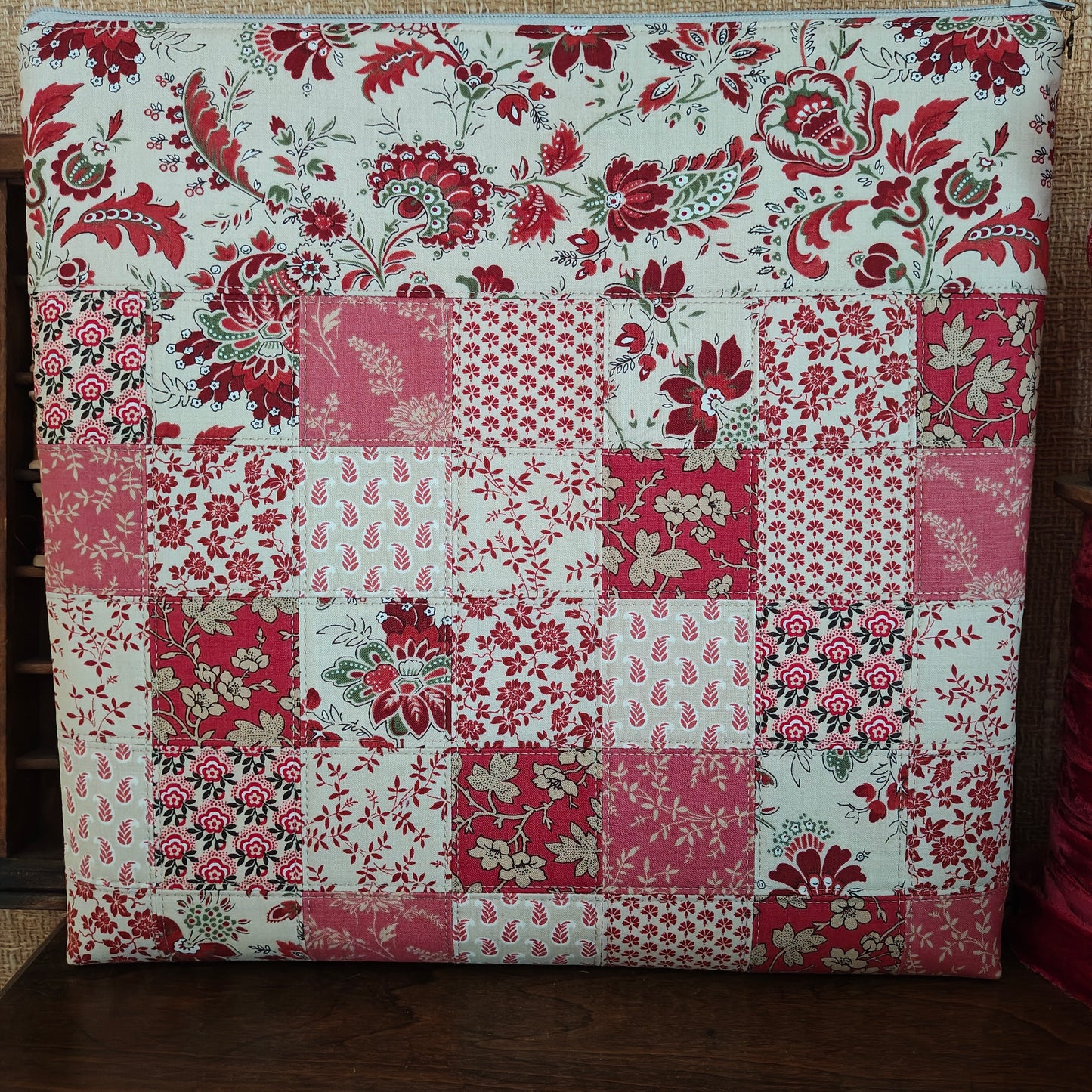 MADE TO ORDER Patchwork Project Bag | Patchwork Front & Back | 13.5" Wide x 13" Tall x 1" Deep | French General "Bonheur de Jour"