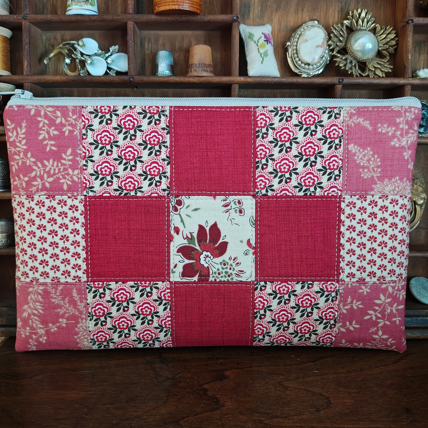 MADE TO ORDER Patchwork Project Bag | Patchwork Front & Back | 13.5" Wide x 13" Tall x 1" Deep | French General "Bonheur de Jour"