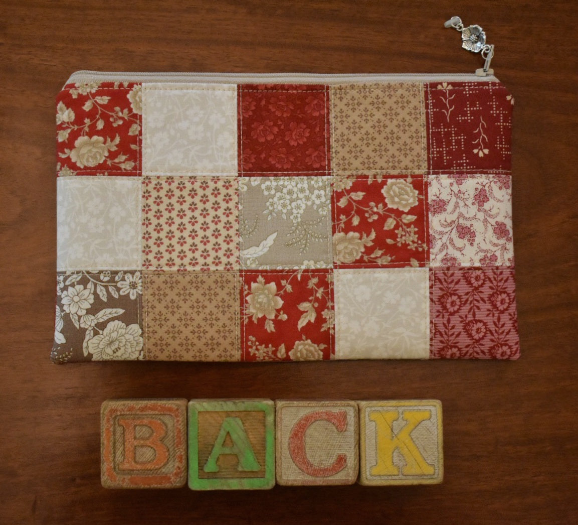 PRE-ORDER Patchwork Project Bag By Jenni Stitching Simply | Patchwork Front & Back | 13.5" Wide x 13" Tall x 1" Deep | "Sampler Reds"