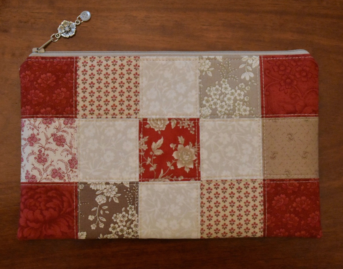 PRE-ORDER Patchwork Project Bag By Jenni Stitching Simply | Patchwork Front & Back | 13.5" Wide x 13" Tall x 1" Deep | "Sampler Reds"