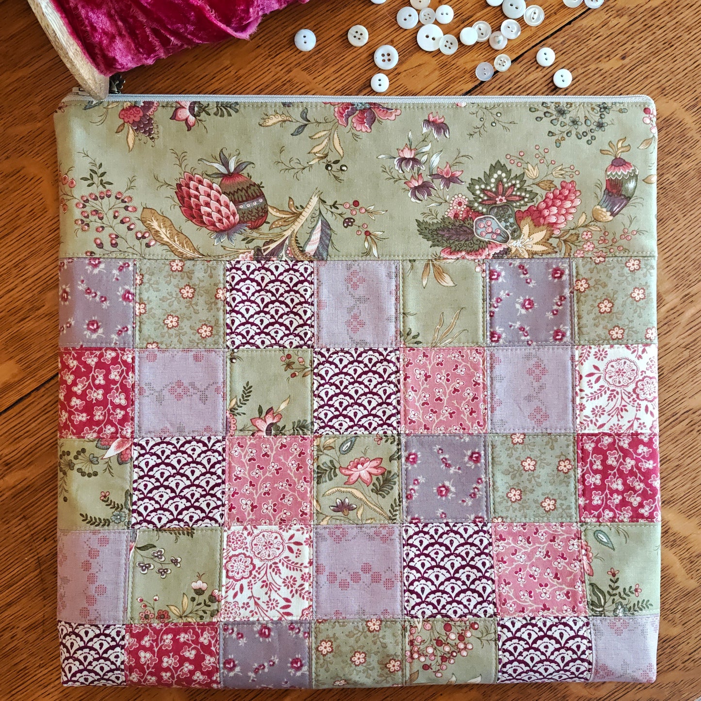 MADE TO ORDER Patchwork Project Bag By Jenni Stitching Simply | Patchwork Front & Back | 13.5" Wide x 13" Tall x 1" Deep | "Blackbird"