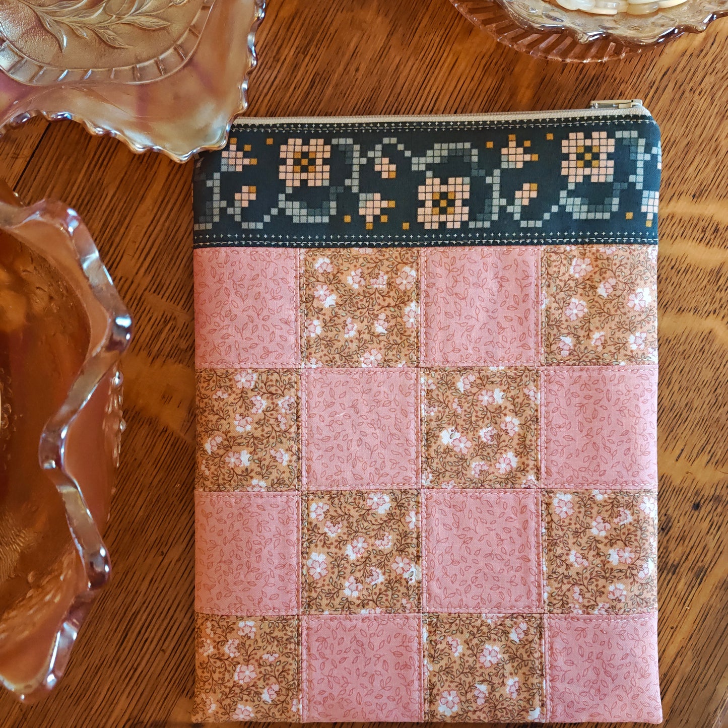 MADE TO ORDER Patchwork Project Bag By Jenni Stitching Simply | Patchwork Front & Back | 13.5" Wide x 13" Tall x 1" Deep | "Marigold Glass"