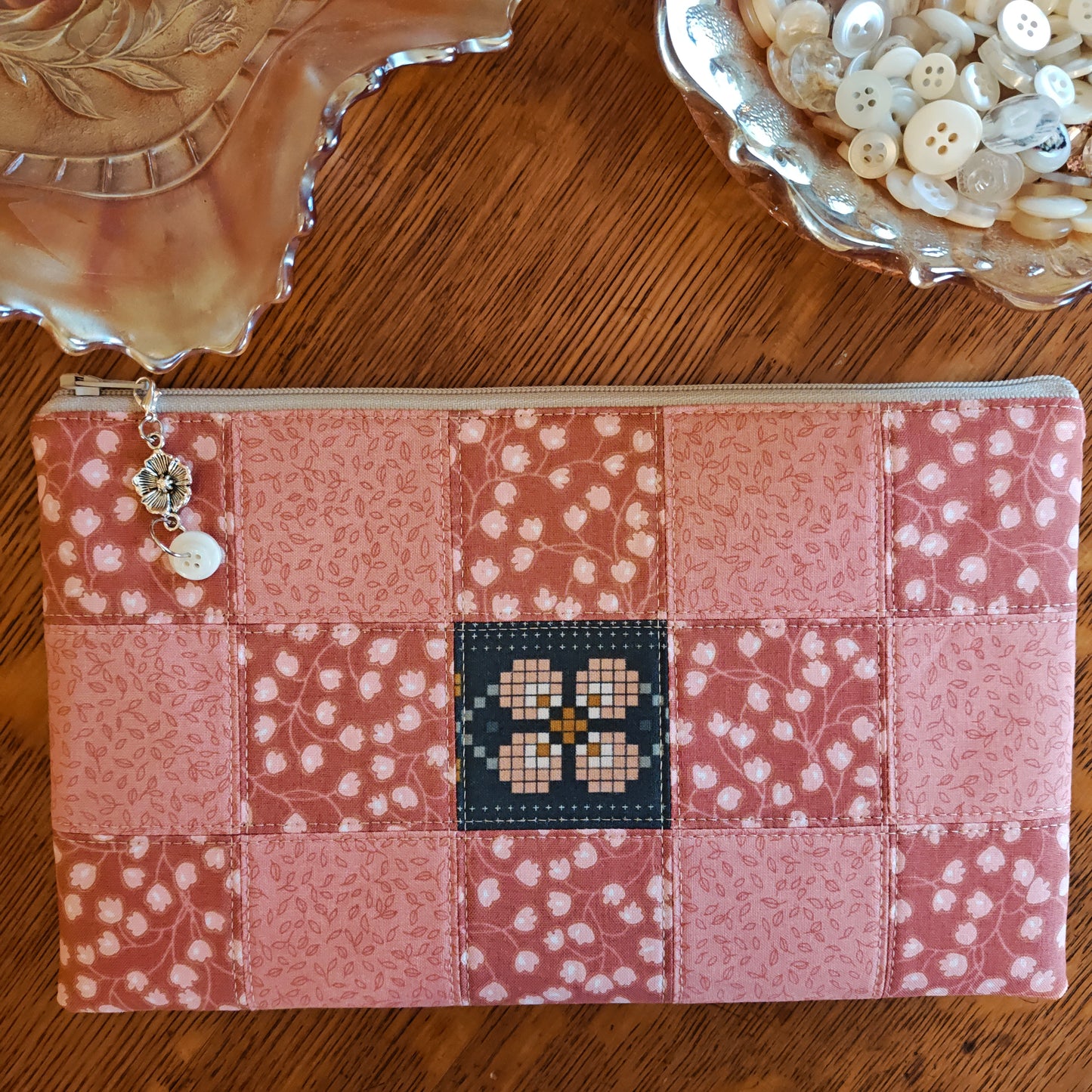 MADE TO ORDER Patchwork Project Bag By Jenni Stitching Simply | Patchwork Front & Back | 13.5" Wide x 13" Tall x 1" Deep | "Marigold Glass"