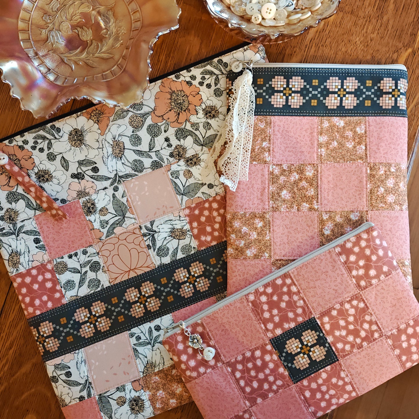 MADE TO ORDER Patchwork Project Bag By Jenni Stitching Simply | Patchwork Front & Back | 13.5" Wide x 13" Tall x 1" Deep | "Marigold Glass"