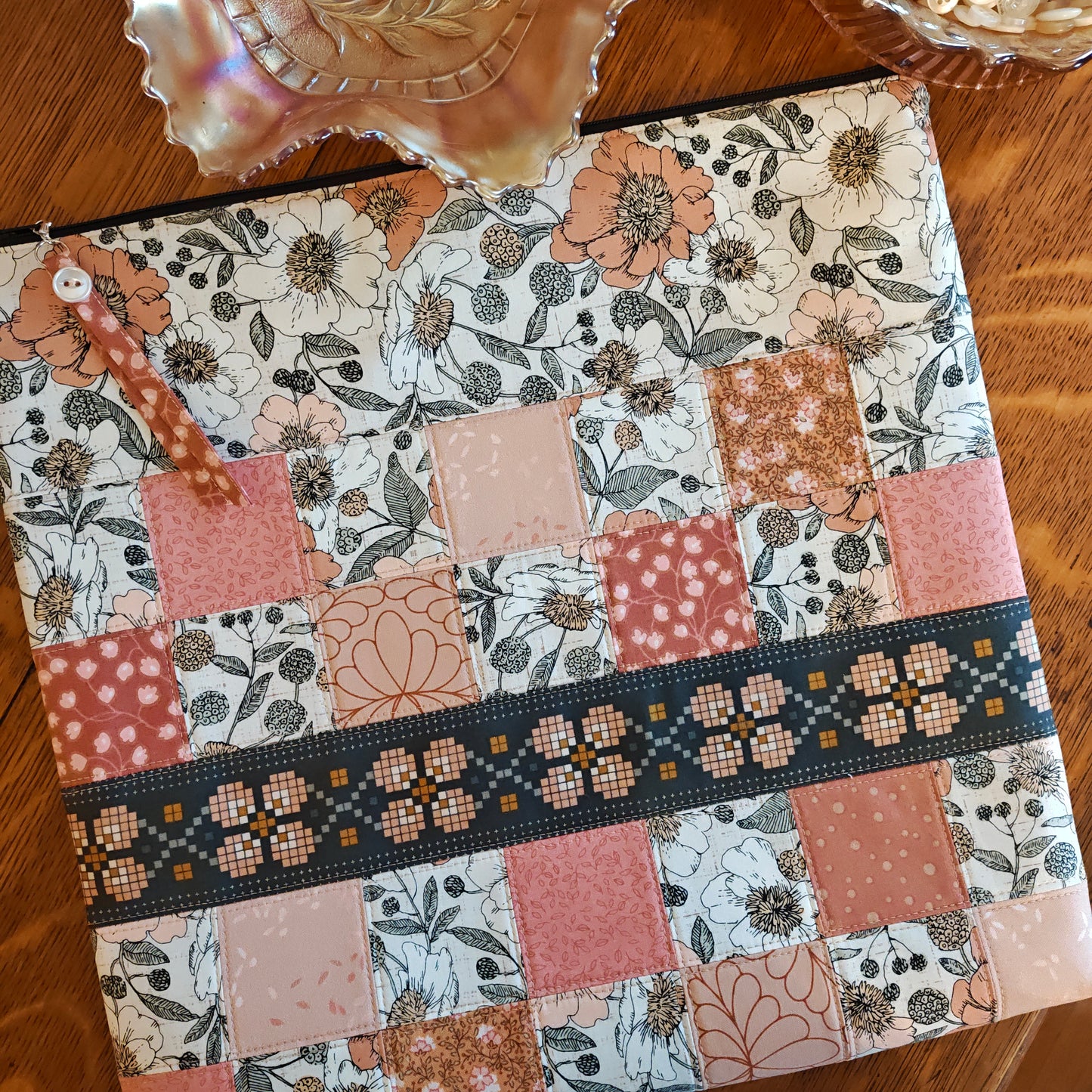 MADE TO ORDER Patchwork Project Bag By Jenni Stitching Simply | Patchwork Front & Back | 13.5" Wide x 13" Tall x 1" Deep | "Marigold Glass"