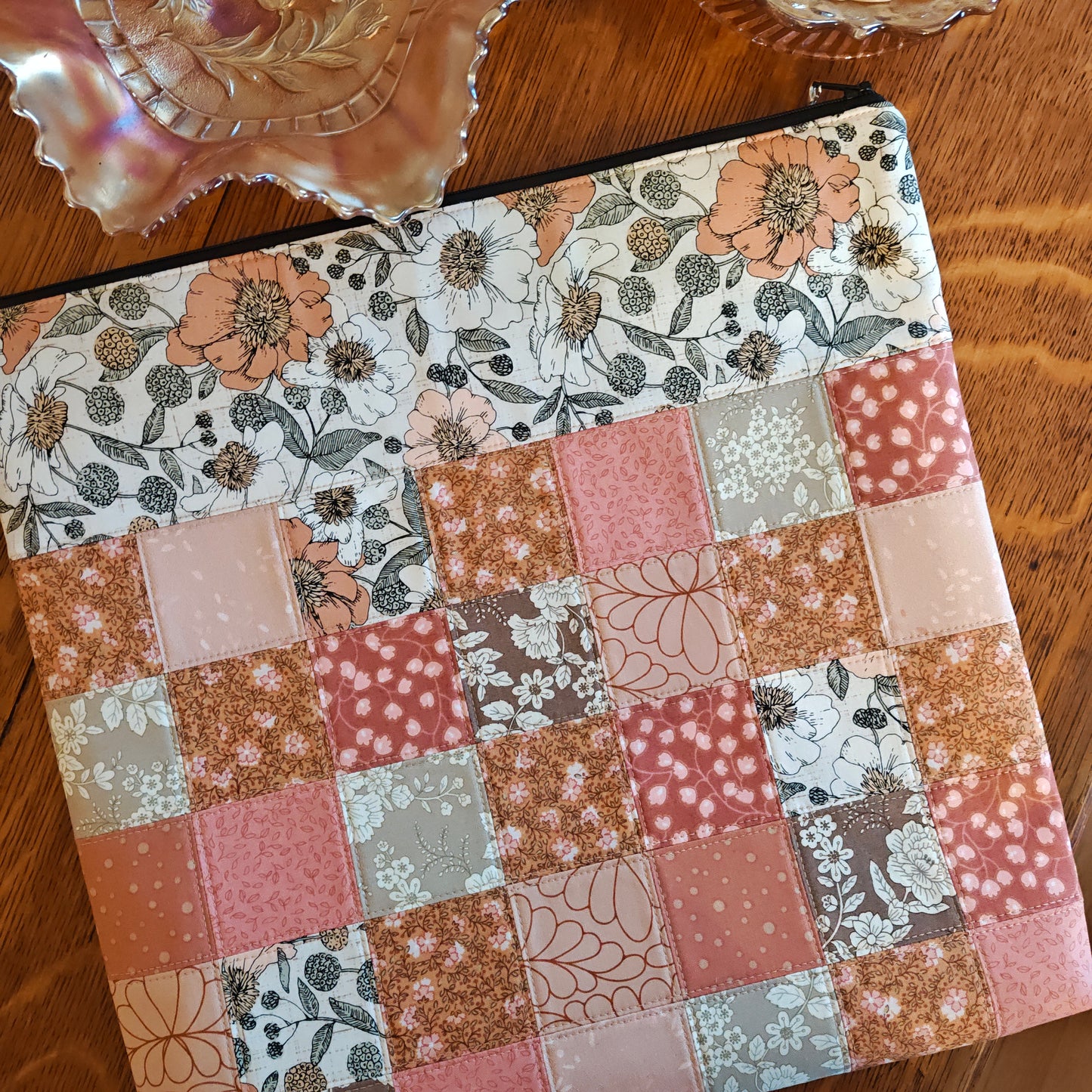 MADE TO ORDER Patchwork Project Bag By Jenni Stitching Simply | Patchwork Front & Back | 13.5" Wide x 13" Tall x 1" Deep | "Marigold Glass"